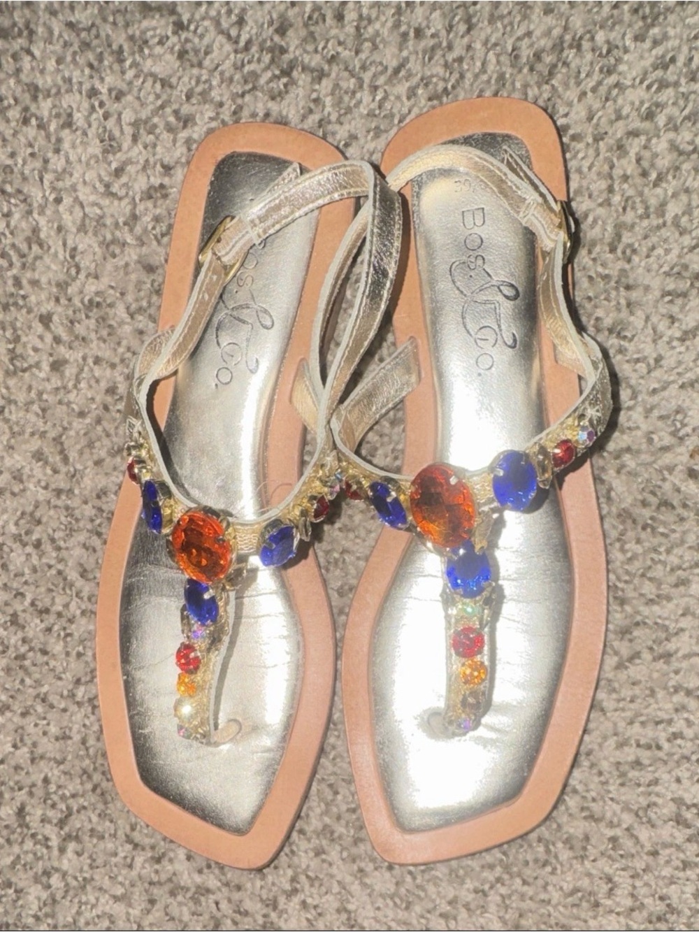 Bos. & Co. Gold Jeweled T-Strap Sandals with Orange and Blue Gems